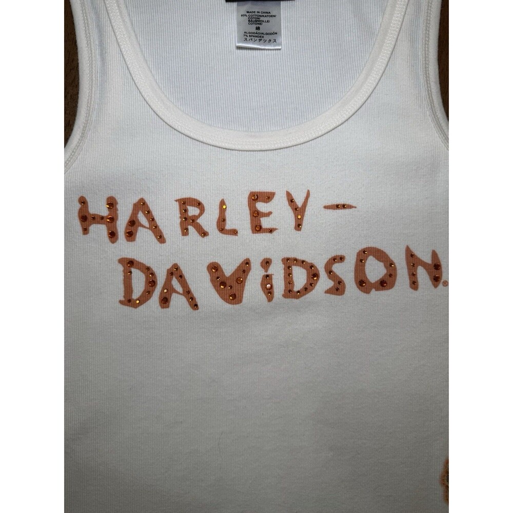 Harley-Davidson Women’s Embellished Tank Top L Ivory Orange Rhinestone Biker - Picture 10 of 10